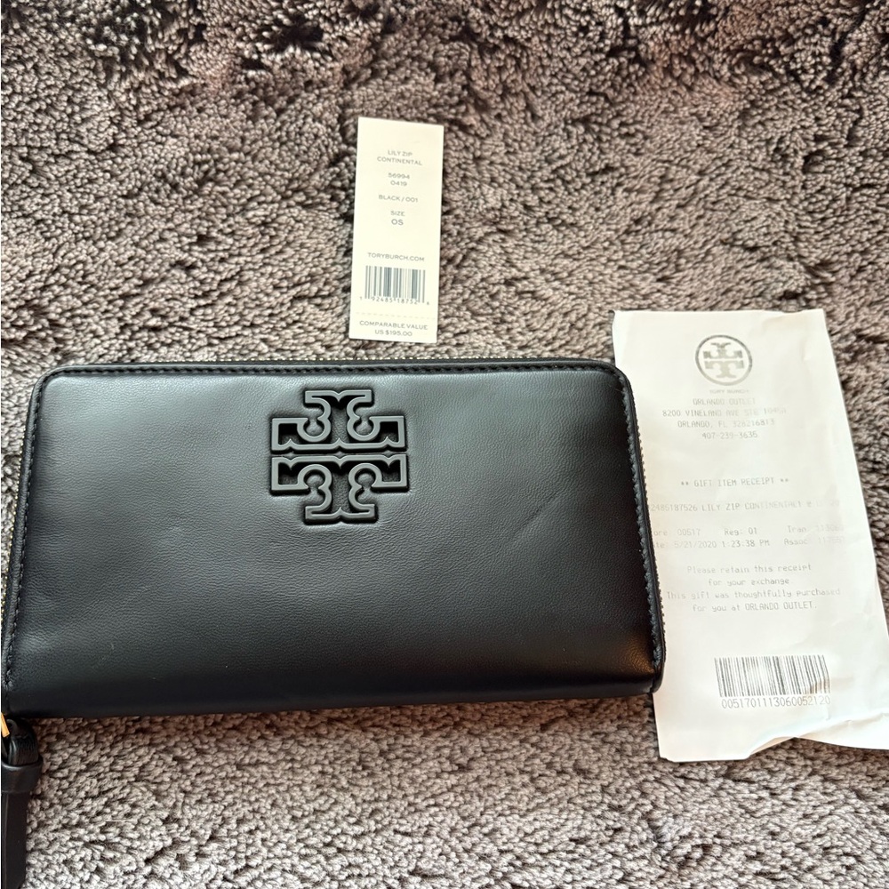 Tory Burch Black Leather Logo Zip Wallet with Gold Trim
